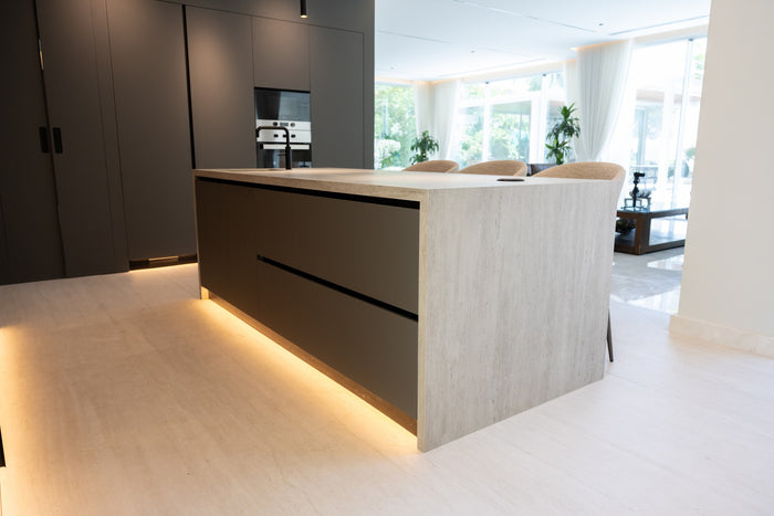 Huxberry bespoke graphite and travertine kitchen, Victory Heights, Dubai