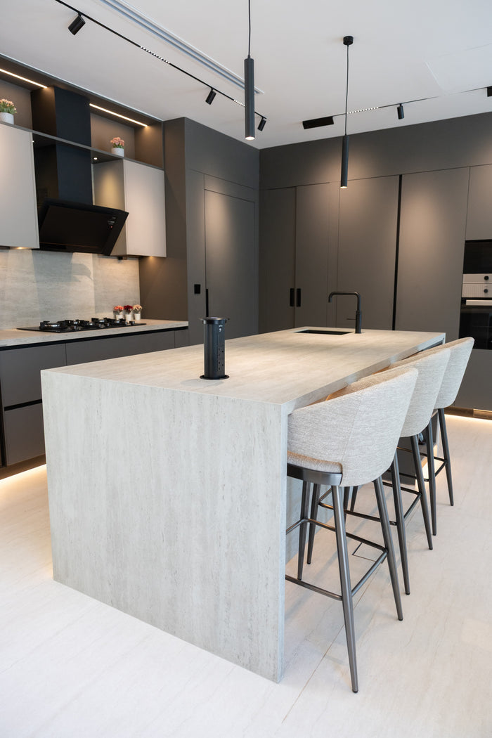 Huxberry bespoke graphite and travertine kitchen, Victory Heights, Dubai