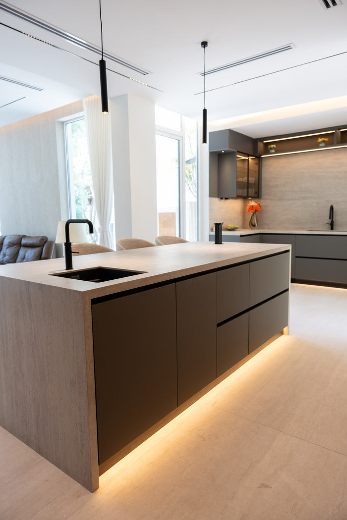 Huxberry bespoke graphite and travertine kitchen, Victory Heights, Dubai