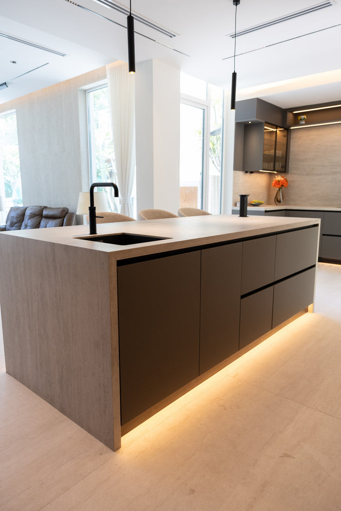 Huxberry bespoke graphite and travertine kitchen, Victory Heights, Dubai