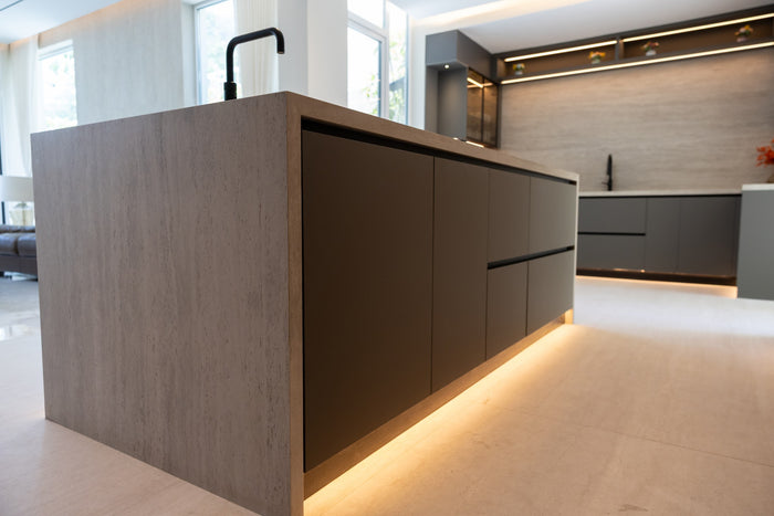 Huxberry bespoke graphite and travertine kitchen, Victory Heights, Dubai