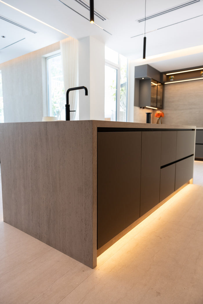 Huxberry bespoke graphite and travertine kitchen, Victory Heights, Dubai