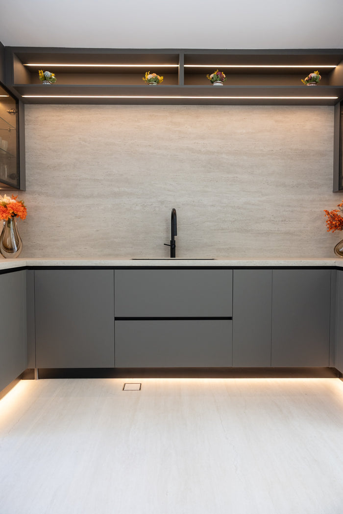 Huxberry bespoke graphite and travertine kitchen, Victory Heights, Dubai