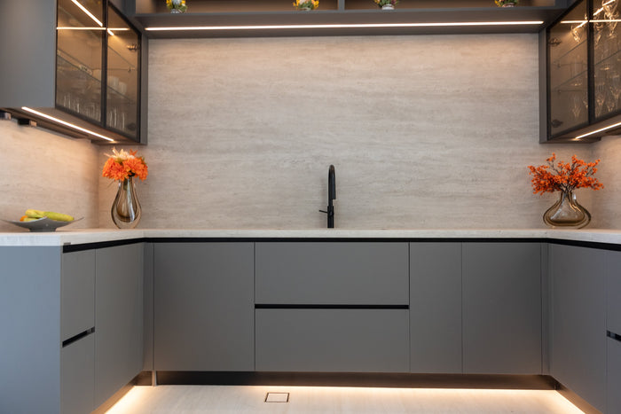 Huxberry bespoke graphite and travertine kitchen, Victory Heights, Dubai