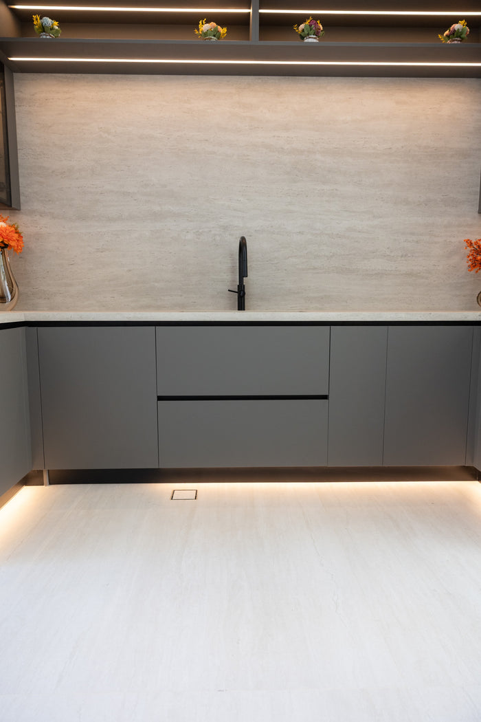 Huxberry bespoke graphite and travertine kitchen, Victory Heights, Dubai