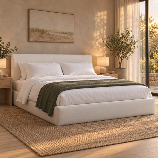 Huxberry Hydraulic Storage Bed in a warm, light bedroom
