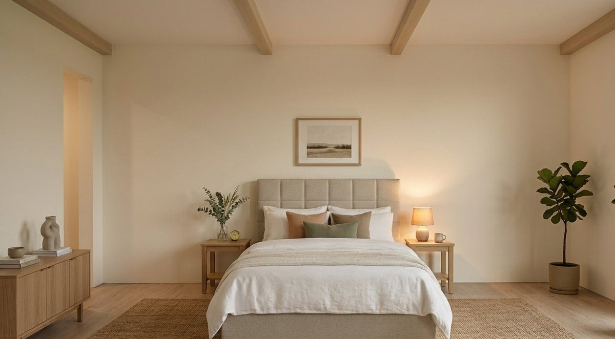 A calm, sunlit bedroom with a Huxberry bed and natural linens