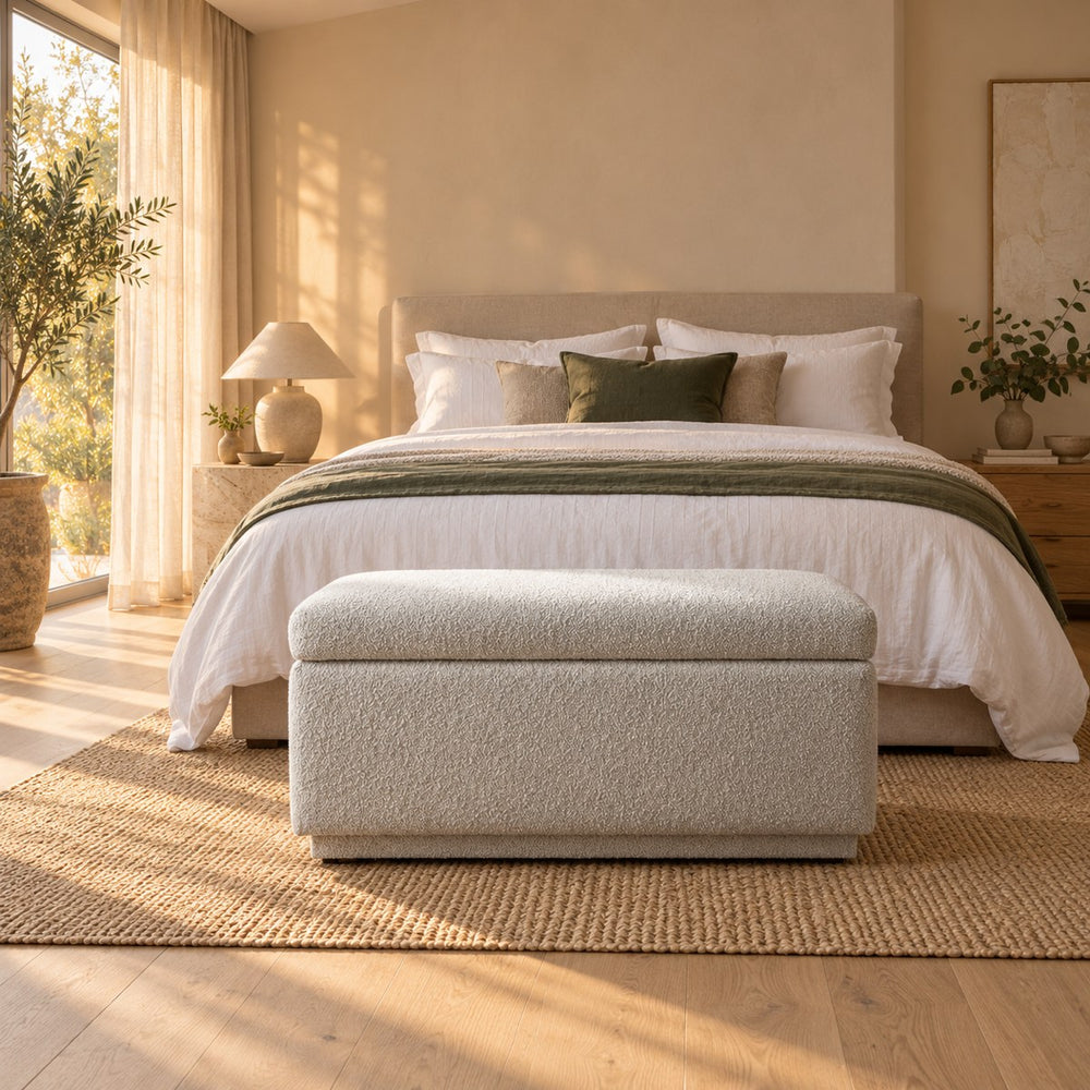 Huxberry Valencia Storage Ottoman styled in a calm bedroom