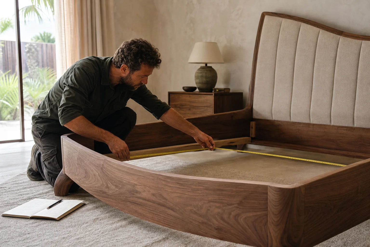 A craftsperson measuring the inside of a bespoke timber bed frame