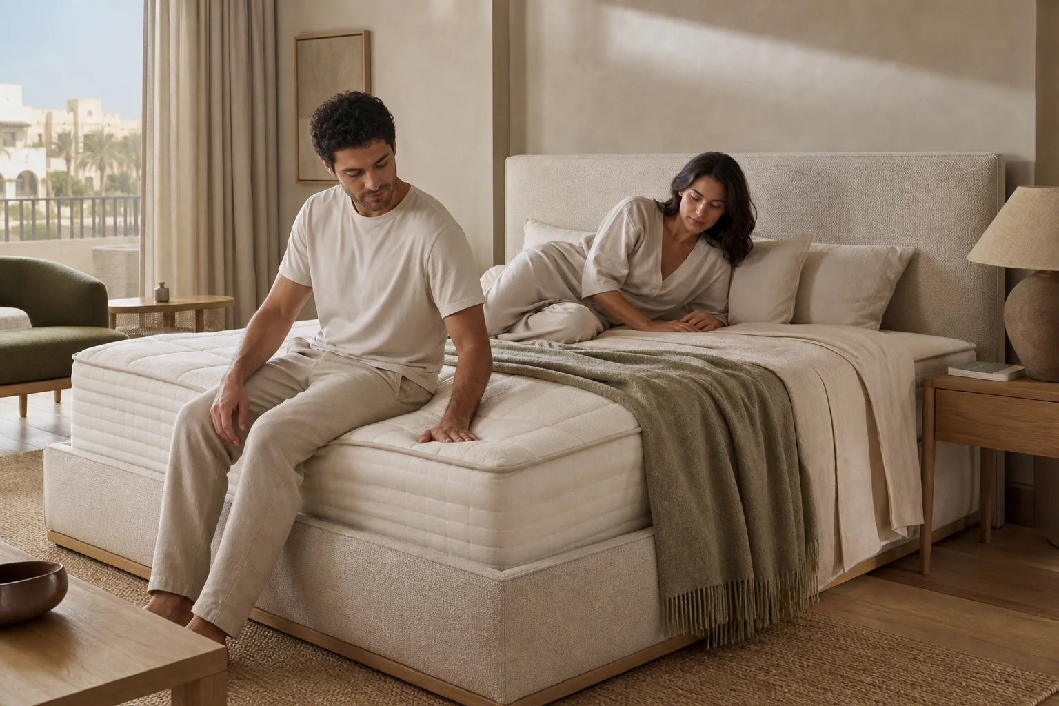 A couple trying a natural pocket-spring mattress in a serene bedroom