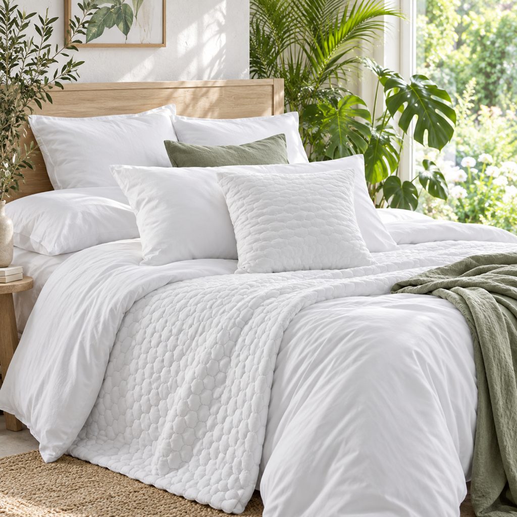 Organic cotton bedding layered on a made bed