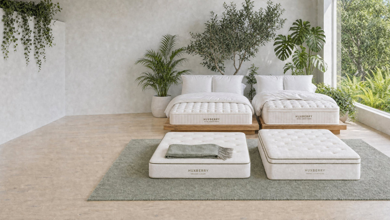 Four Huxberry mattresses in a bright garden room