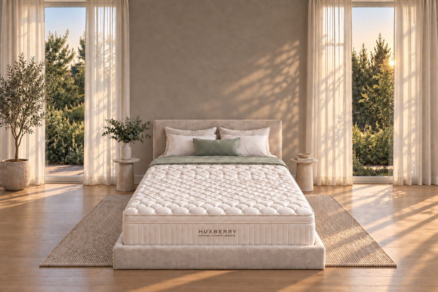 A Huxberry mattress on a bed in a warm, sunlit bedroom