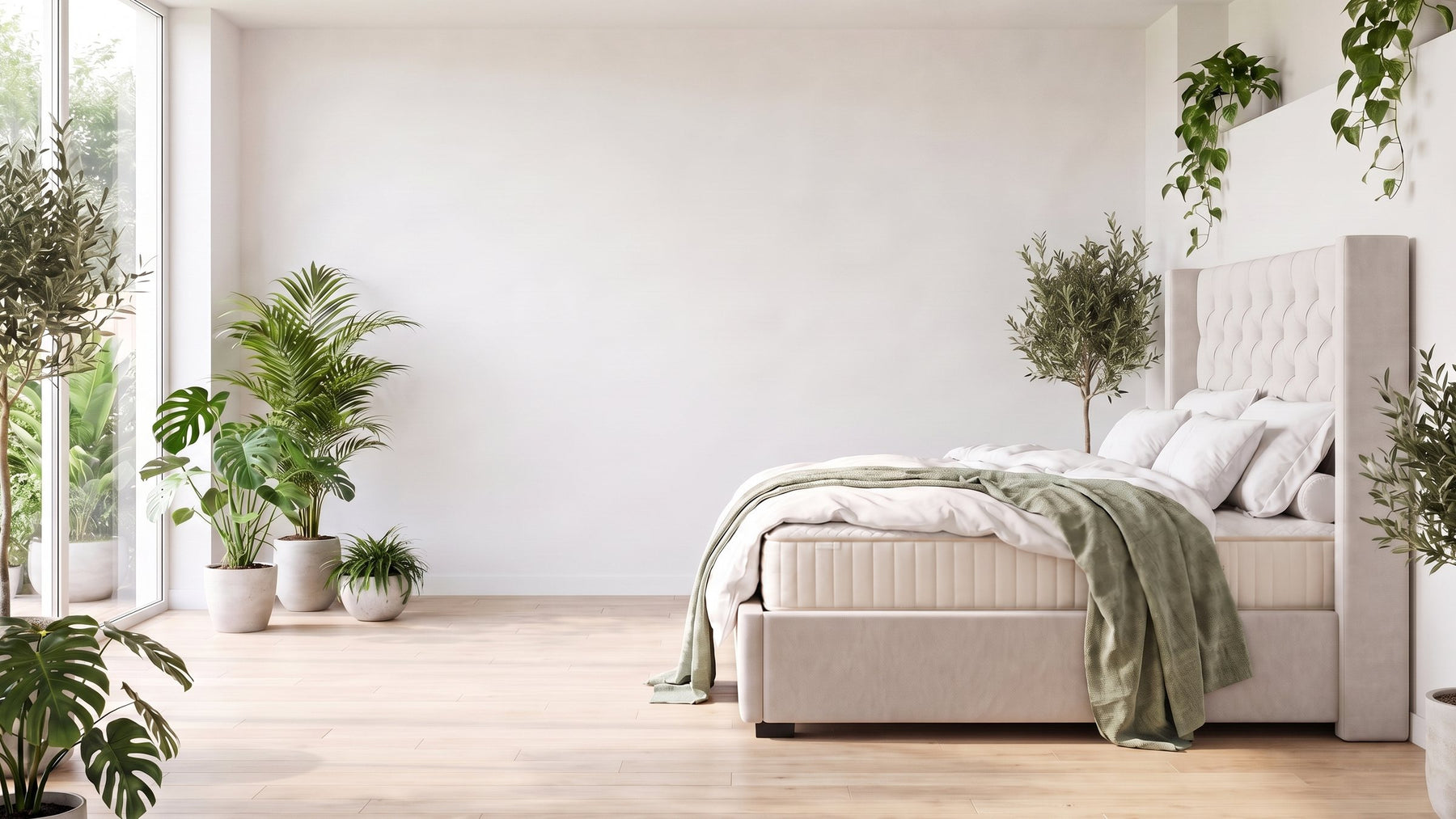 A Huxberry Windsor bed with a Natural Harmony mattress in a bright garden room
