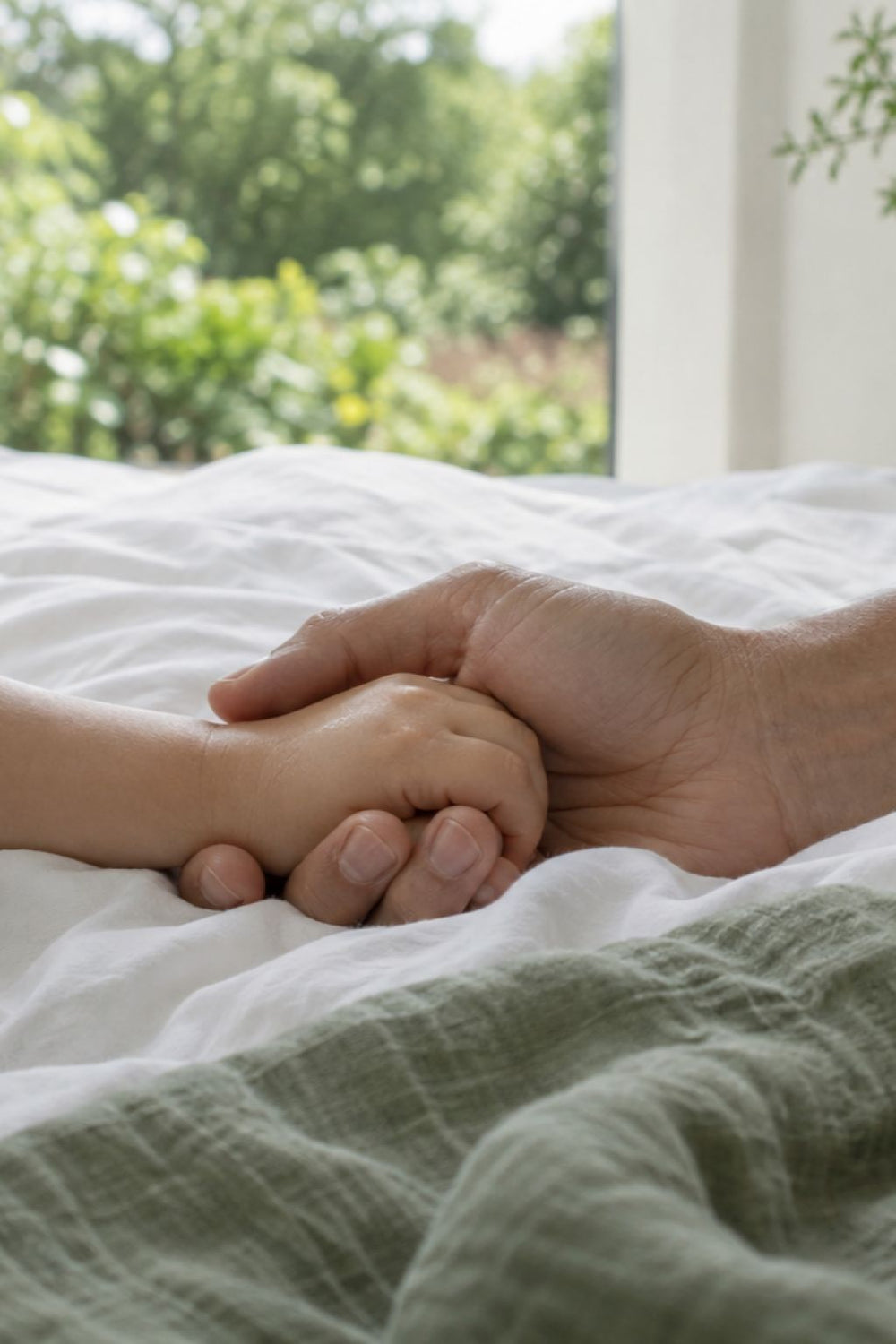 A parent holding a child&rsquo;s hand on organic cotton bedding