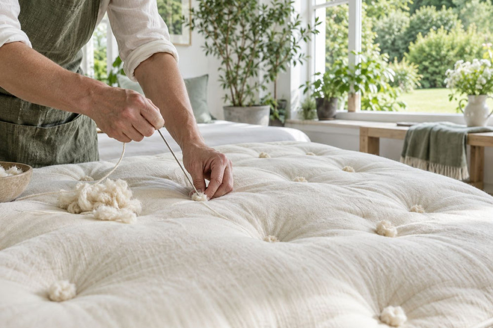 A mattress being hand tufted