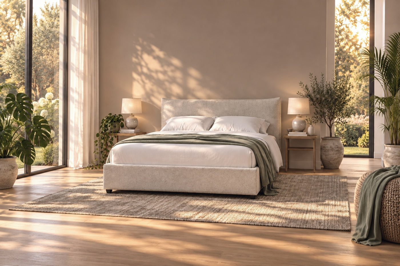 The Huxberry Scotia bed made up with white organic cotton bedding in a bright room with plants