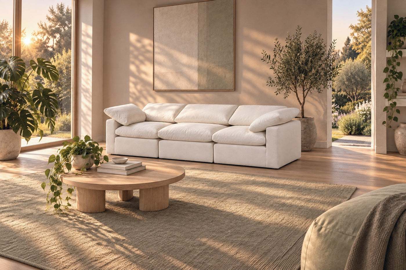 The Huxberry Kate modular sofa in a bright living room with plants