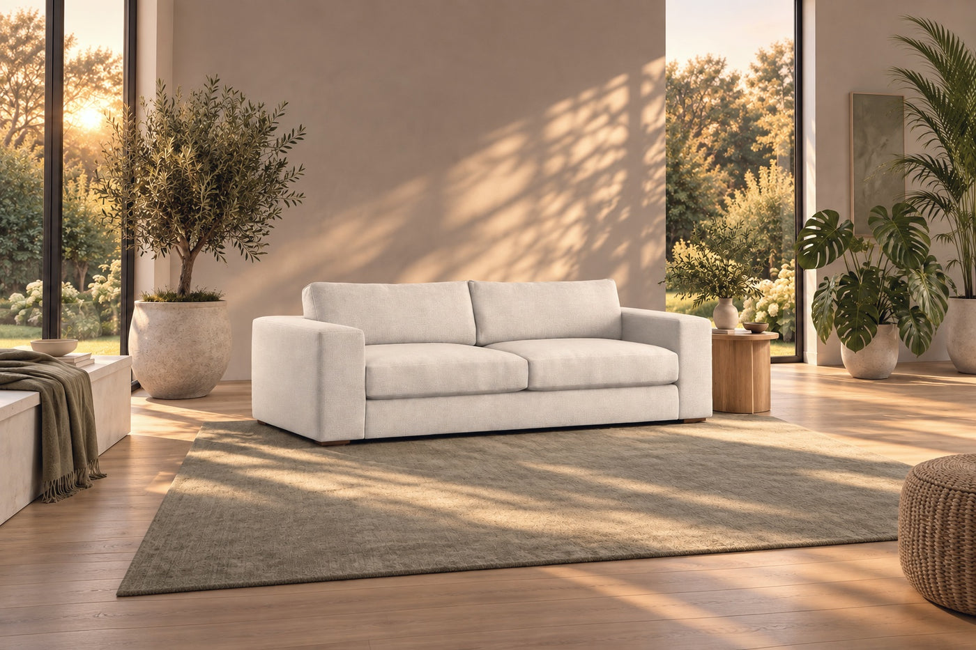 The Huxberry Carlton sofa in a bright living room with plants