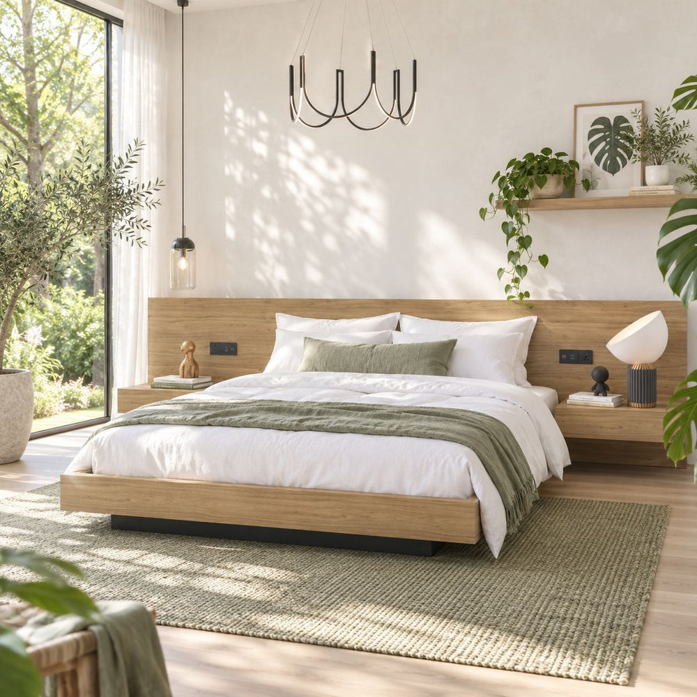 Muskoka Oak Bed in a bright, plant-filled bedroom