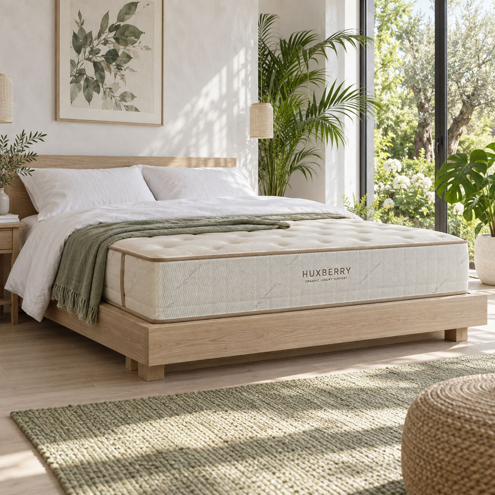 Organic Luxury Support Mattress in a bright, plant-filled bedroom