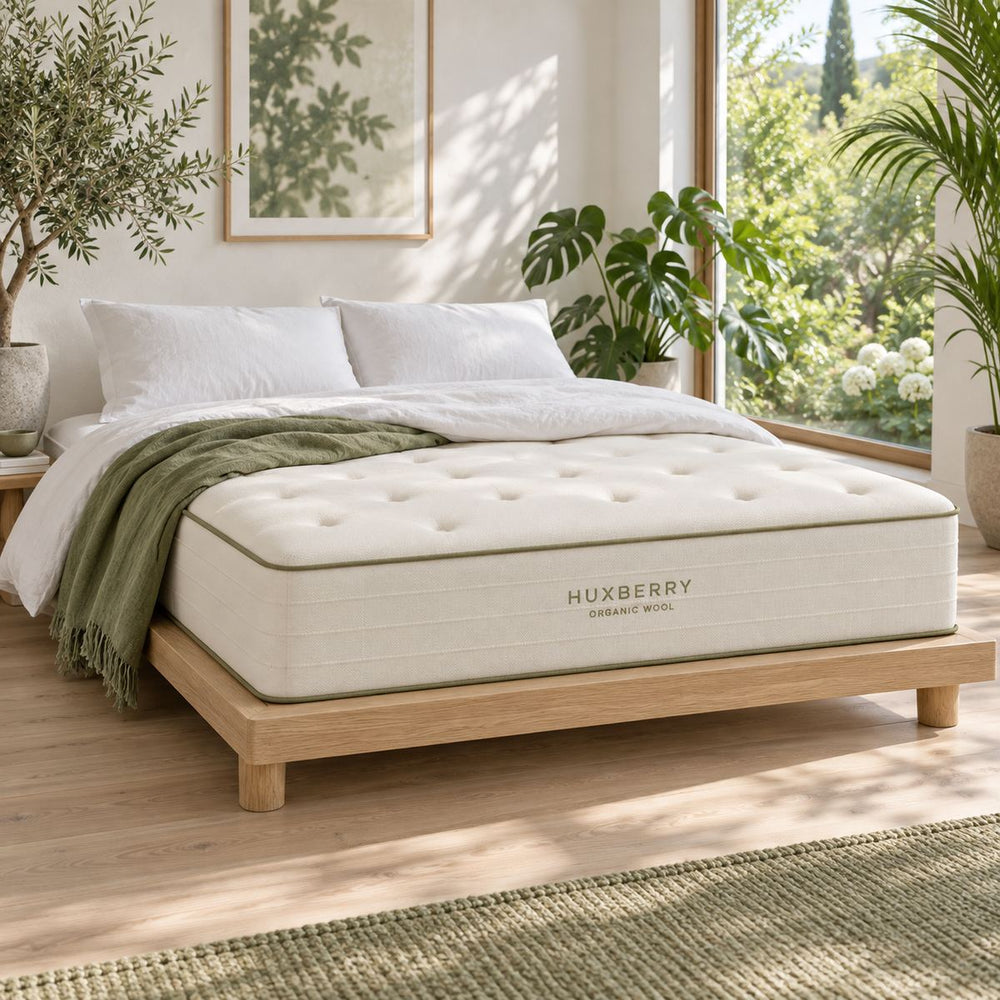 Organic Wool Mattress in a bright, plant-filled bedroom