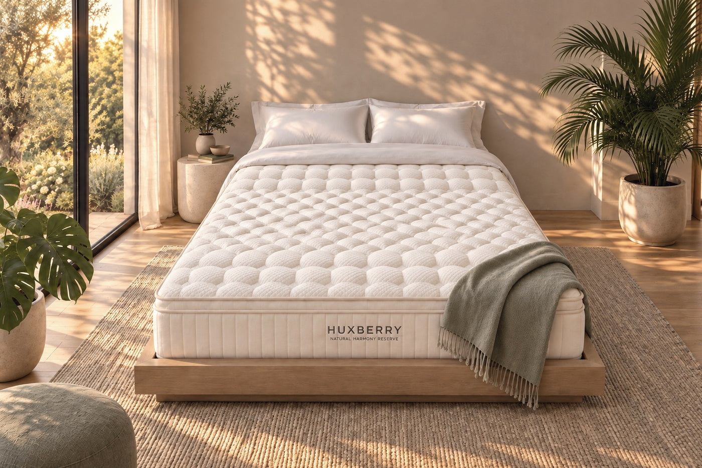 The Huxberry Natural Harmony Reserve mattress in a bright garden room