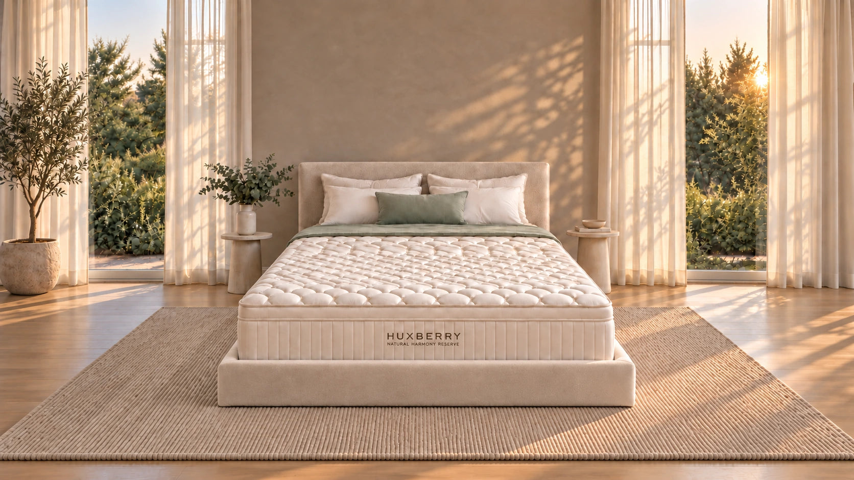 A Huxberry mattress on a bed in a warm, sunlit bedroom