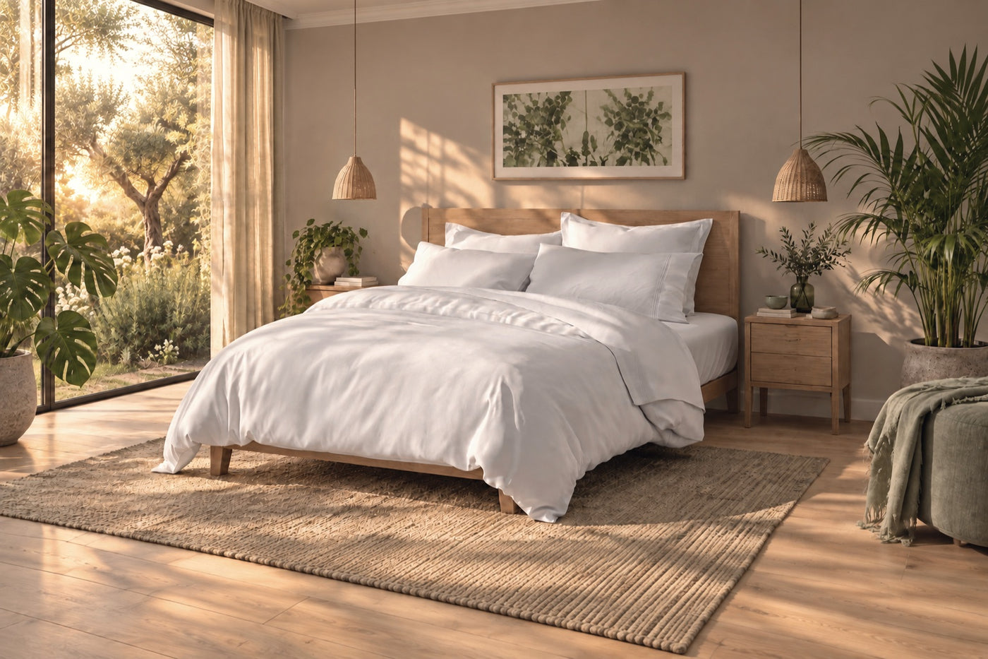Huxberry Essence Tencel bedding on a made bed in a bright room with plants