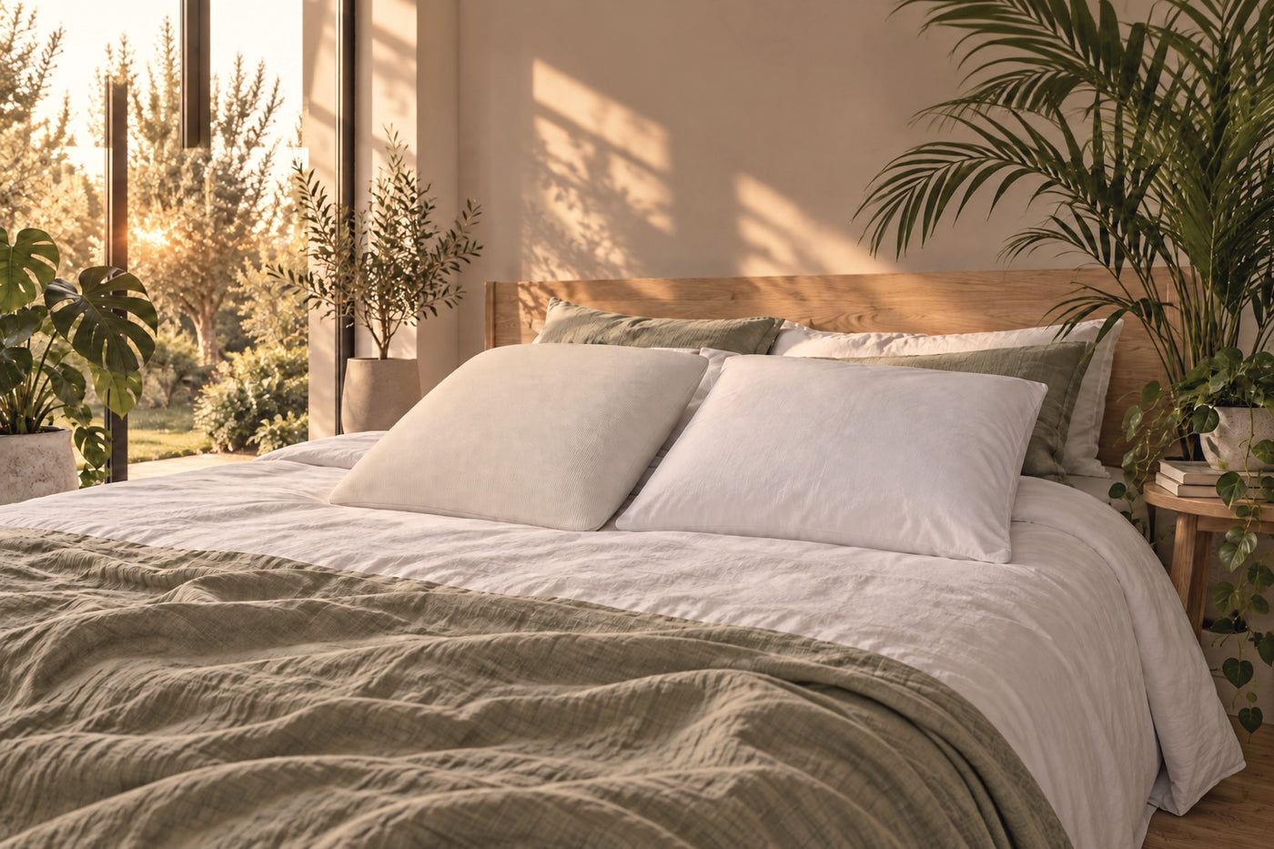 Huxberry Organic Latex pillows on a made bed in a bright room with plants