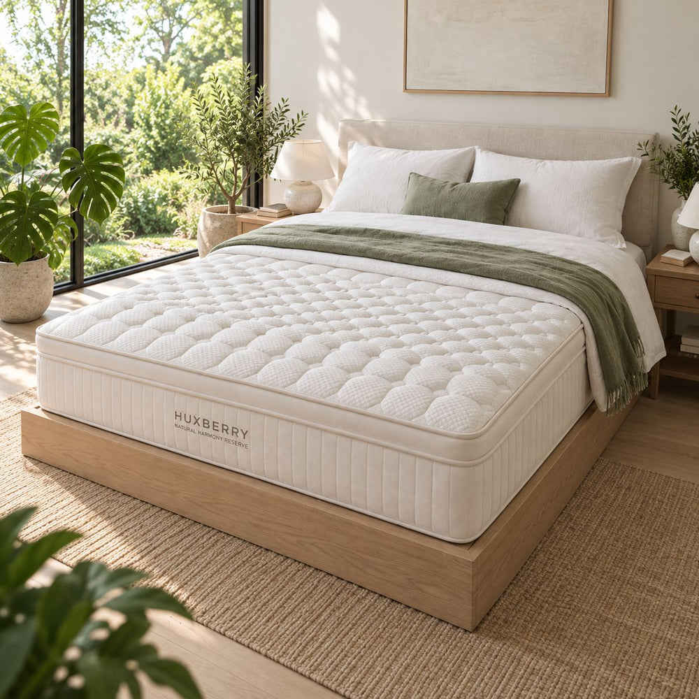Natural Harmony Reserve Mattress, in a bright garden bedroom, seen from the other side